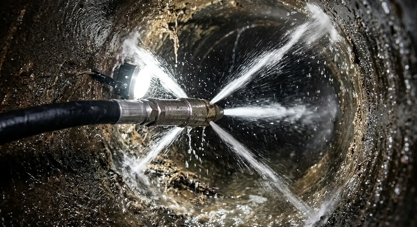 High-pressure hydro jetting nozzle cleaning sewer pipe for Sewer Line Relining in North Berwick