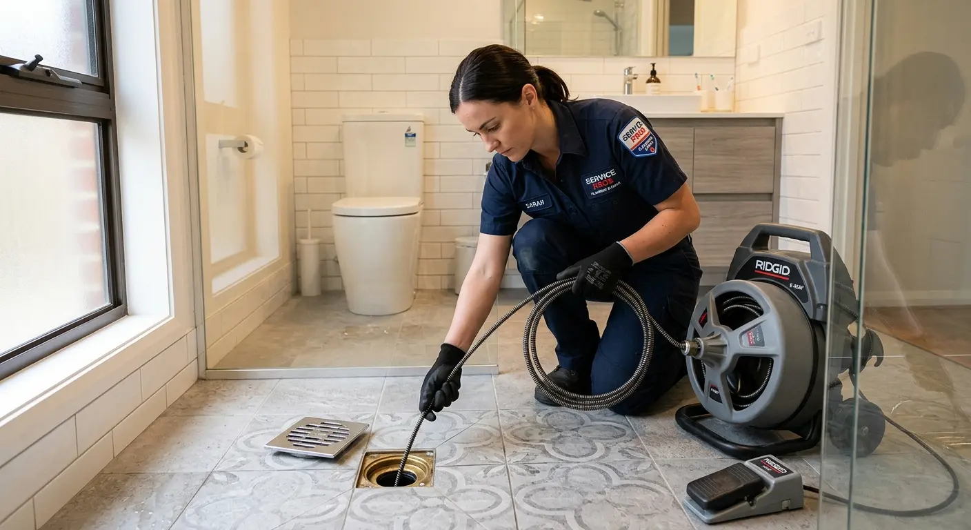 Technician clearing a bathroom floor drain for Drain Repair in North Berwick